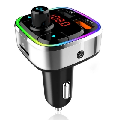 HK401 Silvery Universal Car Player Dual USB Car Charger Bluetooth Receiver FM Transmitter with RGB Light and Voice Assistant