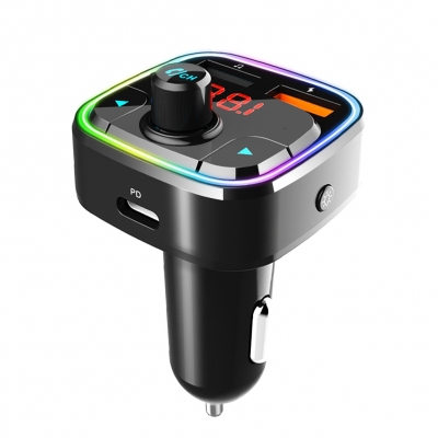 HK402-Black Car Bluetooth Hands-Free PD Charger Bluetooth Receiver FM Transmitter with Siri and RGB Light