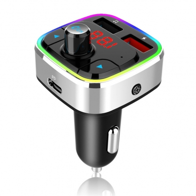 HK402-Sliver Car Bluetooth Hands-Free PD Charger Bluetooth Receiver FM Transmitter with Siri and RGB Light